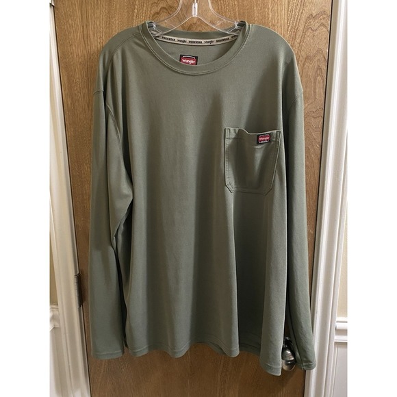 Wrangler Shirt Mens 2XL Green Long Sleeve Solid Workwear Crew Neck Stretch - Picture 1 of 10